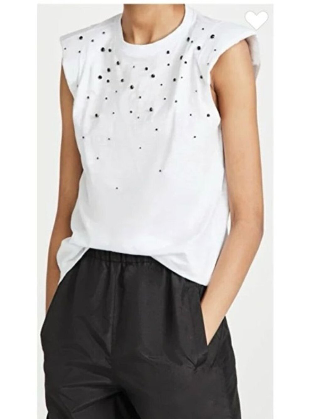 Cinq a Sept Rhinestone Reece Padded Shoulder Muscle Tee Shirt White - XS